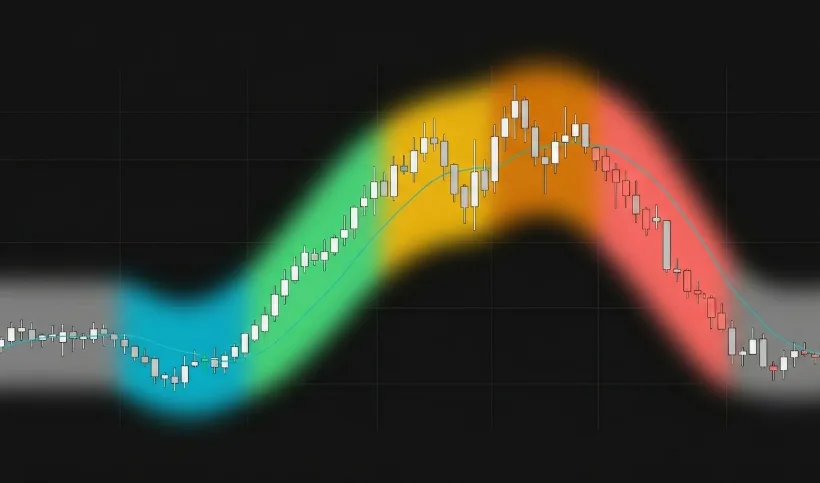 Wyckoff-style market cycle candlestick chart with 6-state regime classification zones — gray (stable), blue accumulation base (observation), green uptrend (clearance), yellow early warning (elevated), orange distribution top (critical), red structural breakdown (code blue) — MarketTriage regime classification framework