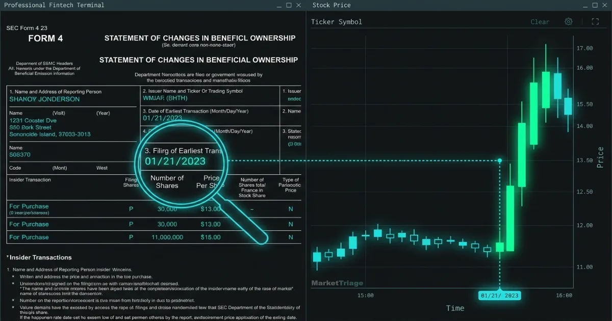 SEC Form 4 filing document alongside a stock price chart showing a sharp upward move after an insider buy — illustrating how MarketTriage detects and visualises insider trading signals