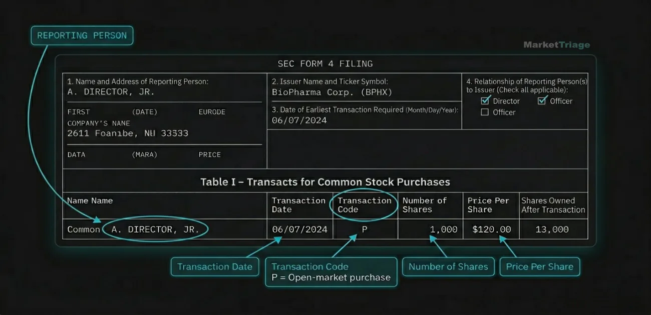 Annotated SEC Form 4 filing showing key fields: Reporting Person (A. Director Jr.), Transaction Date (06/07/2024), Transaction Code P highlighted meaning open-market purchase, Number of Shares (1,000), and Price Per Share ($120.00)