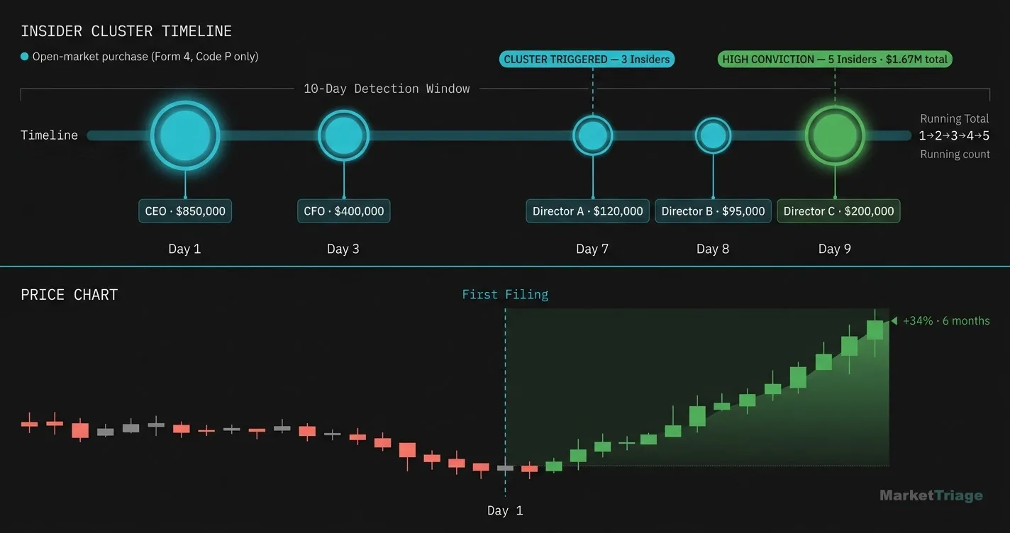 Insider cluster timeline showing 5 executives buying over a 10-day window — CEO $850K on Day 1, CFO $400K on Day 3, then three directors triggering high conviction by Day 9, with the price chart below showing a 34% gain over 6 months after the first filing